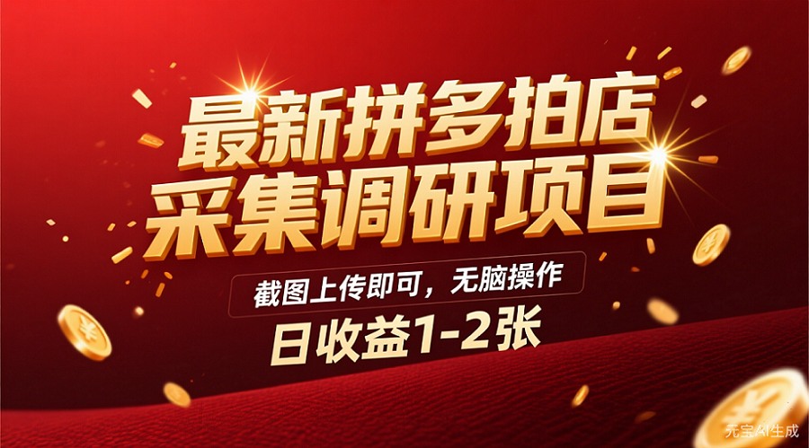 最新拼多多拍店采集调研项目，截图上传即可，无脑操作，日收益1-2张-91搞钱
