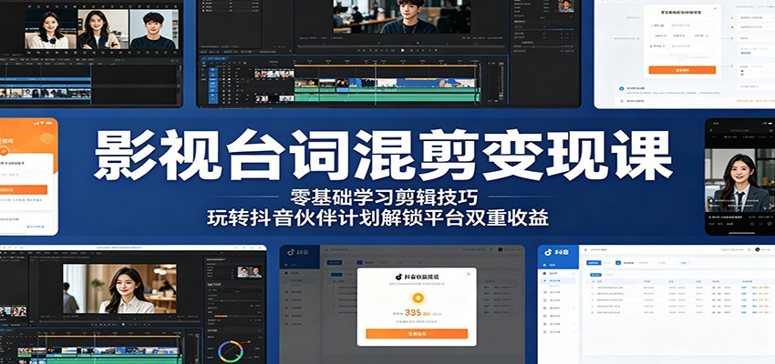 影视台词混剪变现课：零基础学习剪辑技巧，玩转抖音伙伴计划解锁平台双重收益-91搞钱