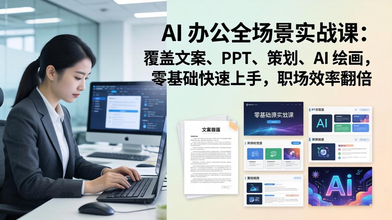 AI 办公全场景实战课：覆盖文案、PPT、策划、AI 绘画，零基础快速上手，职场效率翻倍-91搞钱