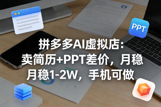 【暴力项目】拼多多AI虚拟店：卖简历+PPT差价，月稳1-2W，手机可做-91搞钱