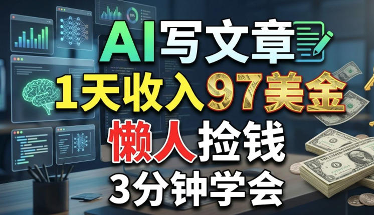 AI写文章，1天收入97美刀，懒人捡钱，3分钟学会，长久的被动收入-91搞钱