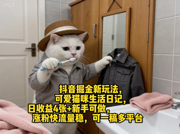 抖音掘金新玩法，可爱猫咪生活日记，日收益4张+新手可做，涨粉快流量稳，可一稿多平台-91搞钱