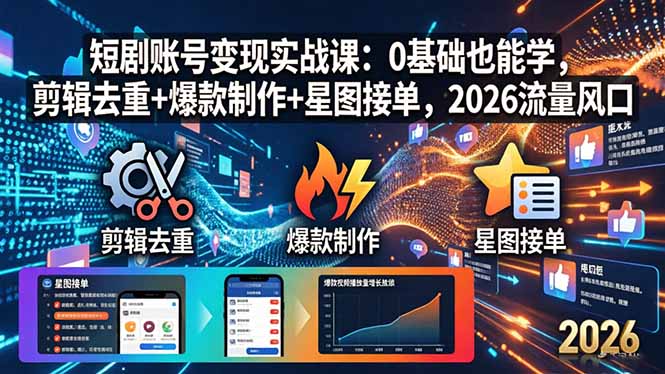 短剧账号变现实战课：0基础也能学，剪辑去重+爆款制作+星图接单，2026流量风口-91搞钱