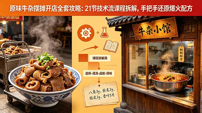 原味牛杂摆摊开店全套攻略：21节技术流课程拆解，手把手还原爆火配方-91搞钱