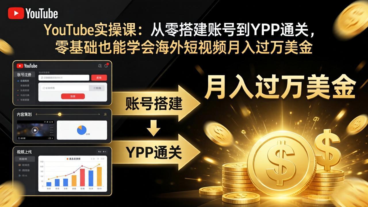 YouTube实操课：从零搭建账号到YPP通关，零基础也能学会海外短视频月入过万美金-91搞钱