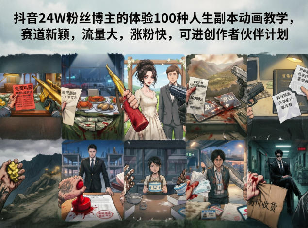 抖音24W粉丝博主的体验100种人生副本动画教学，赛道新颖，流量大，涨粉快，可进创作者伙伴计划-91搞钱