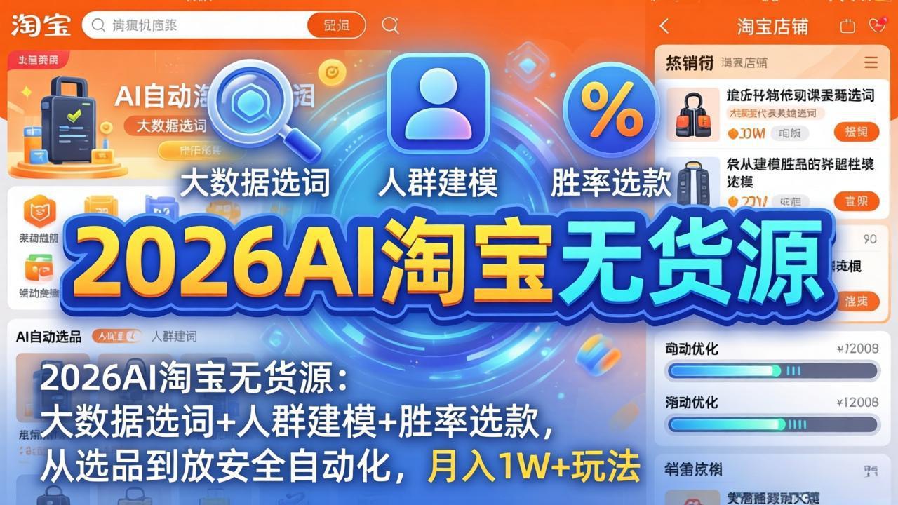 2026AI淘宝无货源-4月更新：大数据选词+人群建模+胜率选款，从选品到放大全自动化，月入1W+玩法-91搞钱