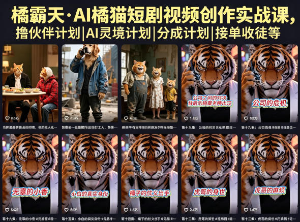 橘霸天·AI橘猫短剧视频创作实战课，撸伙伴计划|AI灵境计划|分成计划|接单收徒等-91搞钱