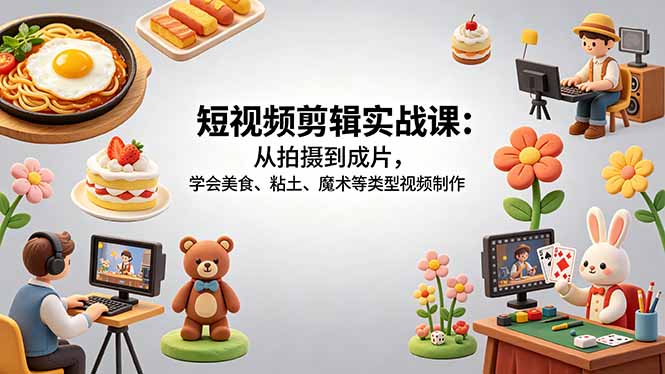 短视频剪辑实战课:从拍摄到成片,学会美食、粘土、魔术等类型视频制作-91搞钱