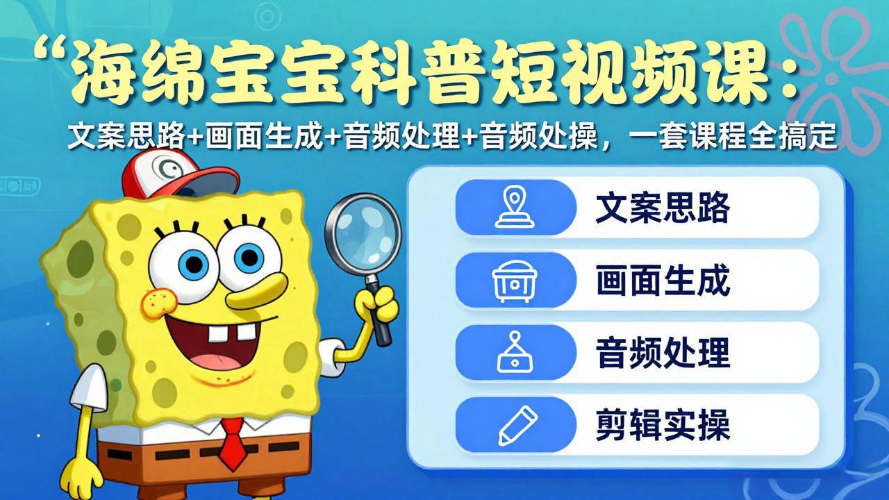 海绵宝宝科普短视频课：文案思路+画面生成+音频处理+剪辑实操，一套课程全搞定-91搞钱