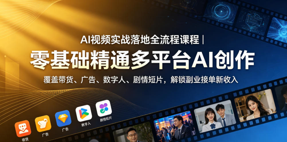 AI视频实战落地全流程课程｜零基础精通多平台AI创作，覆盖带货、广告、数字人、剧情短片，解锁副业接单新收入-91搞钱