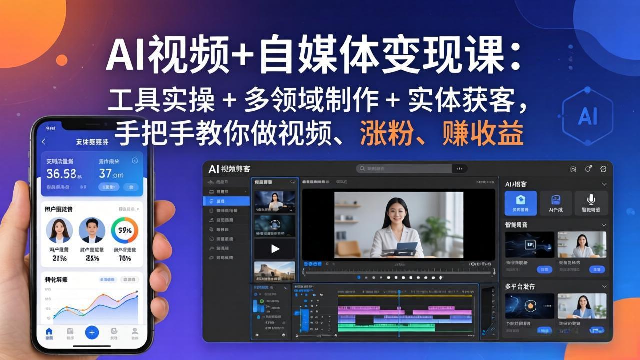 AI视频+自媒体变现课：工具实操 + 多领域制作 + 实体获客，手把手教你做视频、涨粉、赚收益-91搞钱