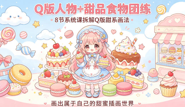 Q版人物+甜品食物团练，8节系统课拆解Q版甜系画法，画出属于自己的甜蜜插画世界-91搞钱