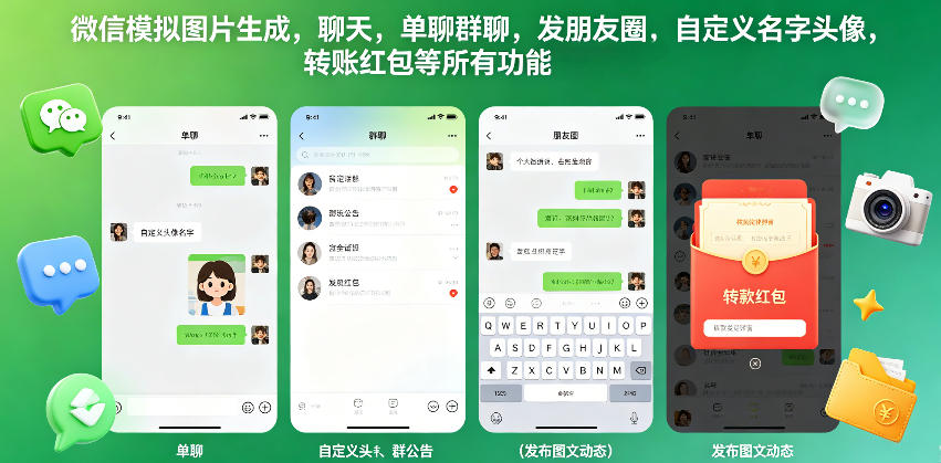 微信模拟图片生成，聊天，单聊群聊，发朋友圈，自定义名字头像，转账红包等所有功能都可以生成-91搞钱