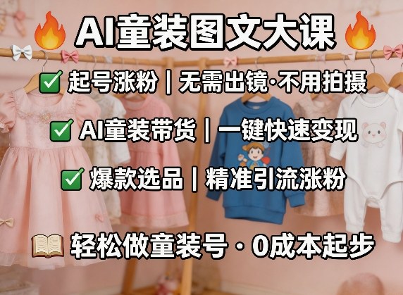 AI童装图文剪辑，某社群童装图文大课，起号涨粉、AI童装带货、爆款选品，无需出镜和拍摄-91搞钱